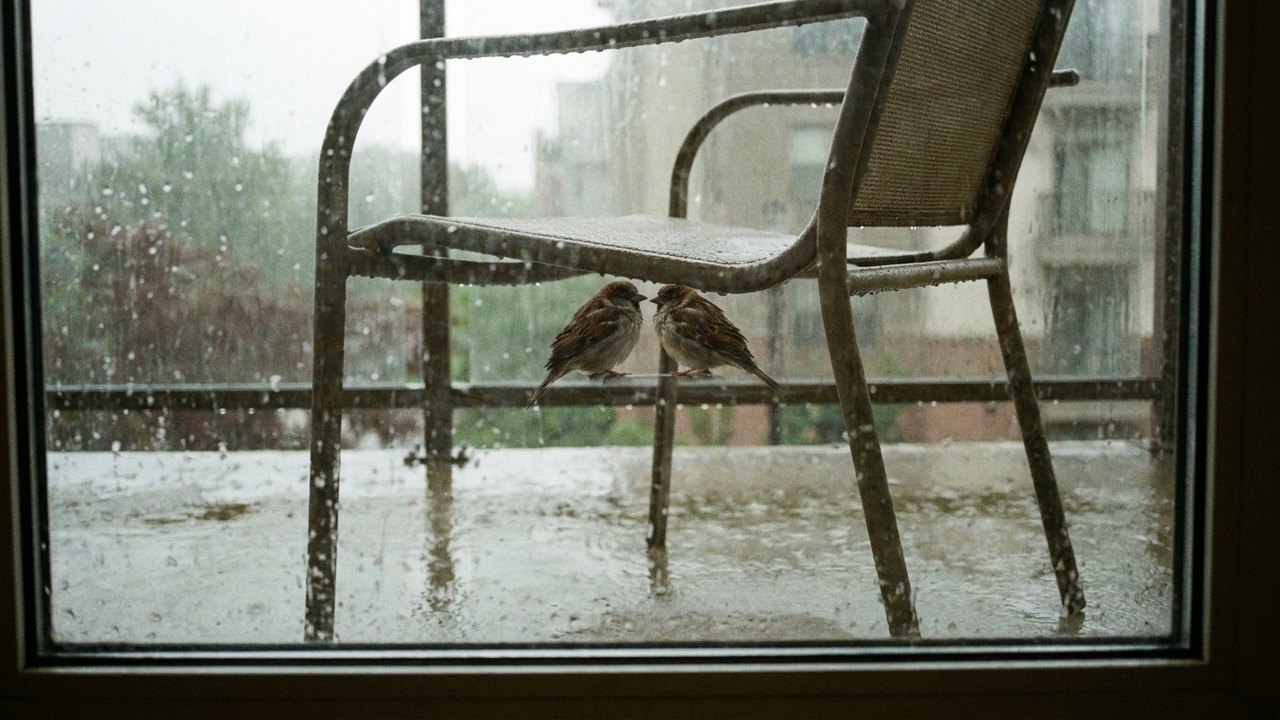 Dois pássaros se abrigam da chuva sob cadeira em varanda