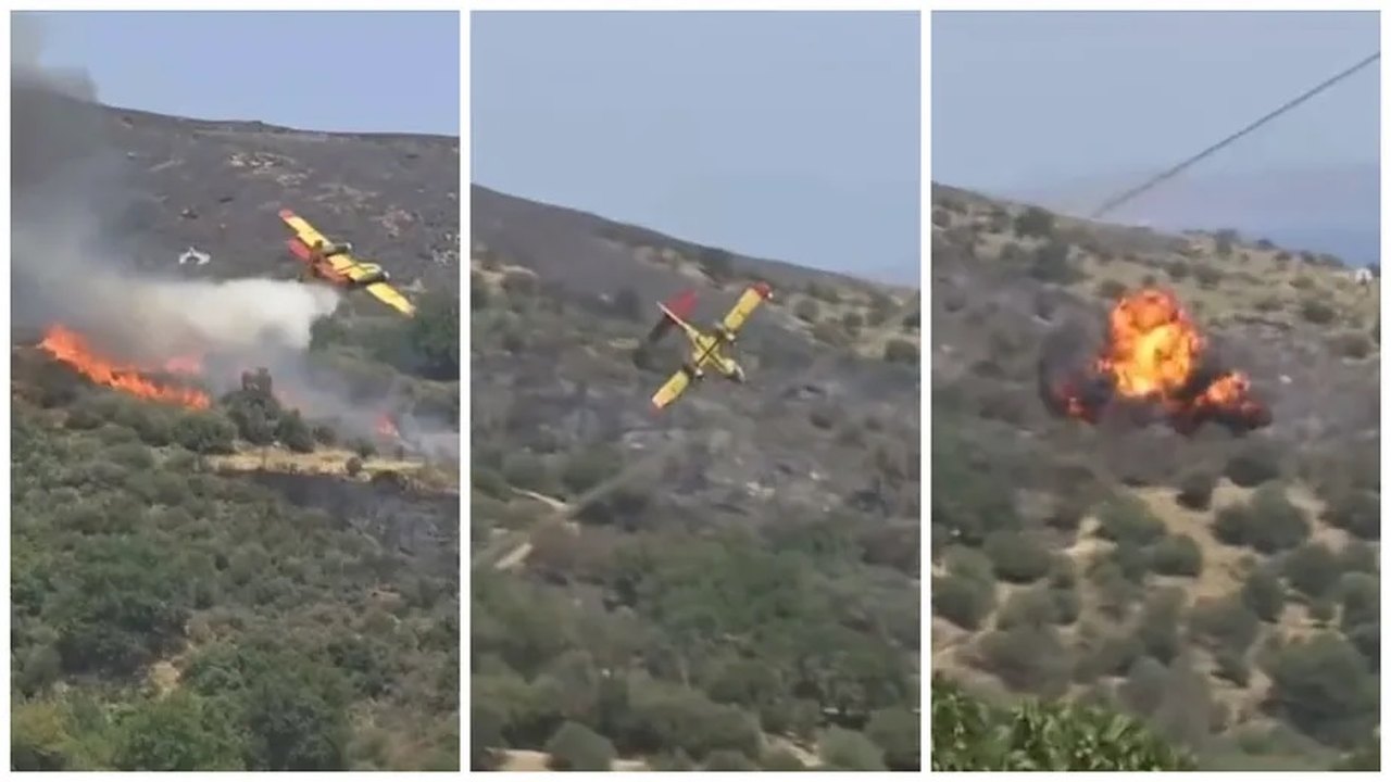Avião bombardeiro de água que combatia incêndios cai na Grécia; vídeo