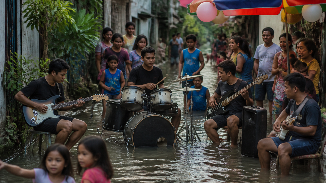 Banda toca em meio a enchente para celebrar aniversário nas Filipinas