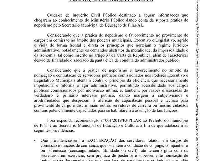 Notícia sobre denúncia de nepotismo na Semed de Pilar é antiga e já foi arquivada pelo MPE
