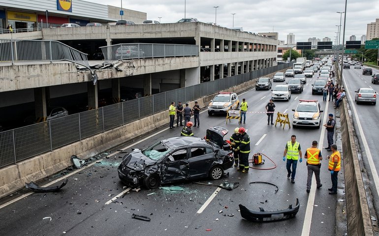 Motorista morre após carro despencar de estacionamento de supermercado e cair em rodovia