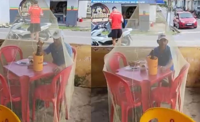 Cliente leva mosquiteiro para o bar e se proteger contra as moscas