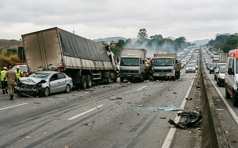 Cinco veículos se envolvem em acidente na Dutra; uma pessoa fica gravemente ferida