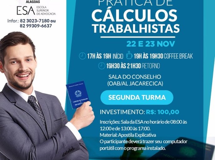 OAB/AL oferece nova turma para curso de Prática de Cálculos Trabalhistas