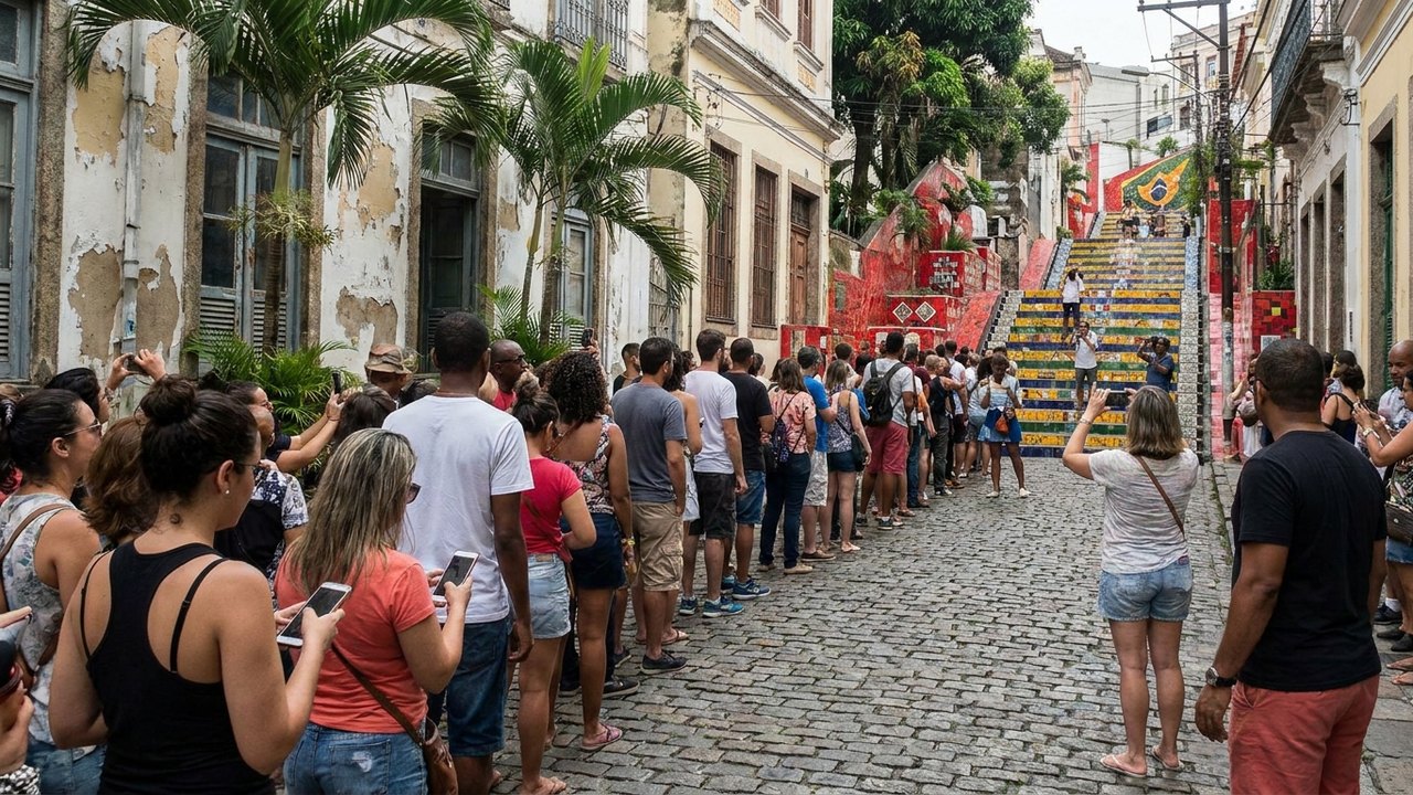 Escadaria pintada para a Copa vira febre no Centro do Rio e atrai fila de turistas