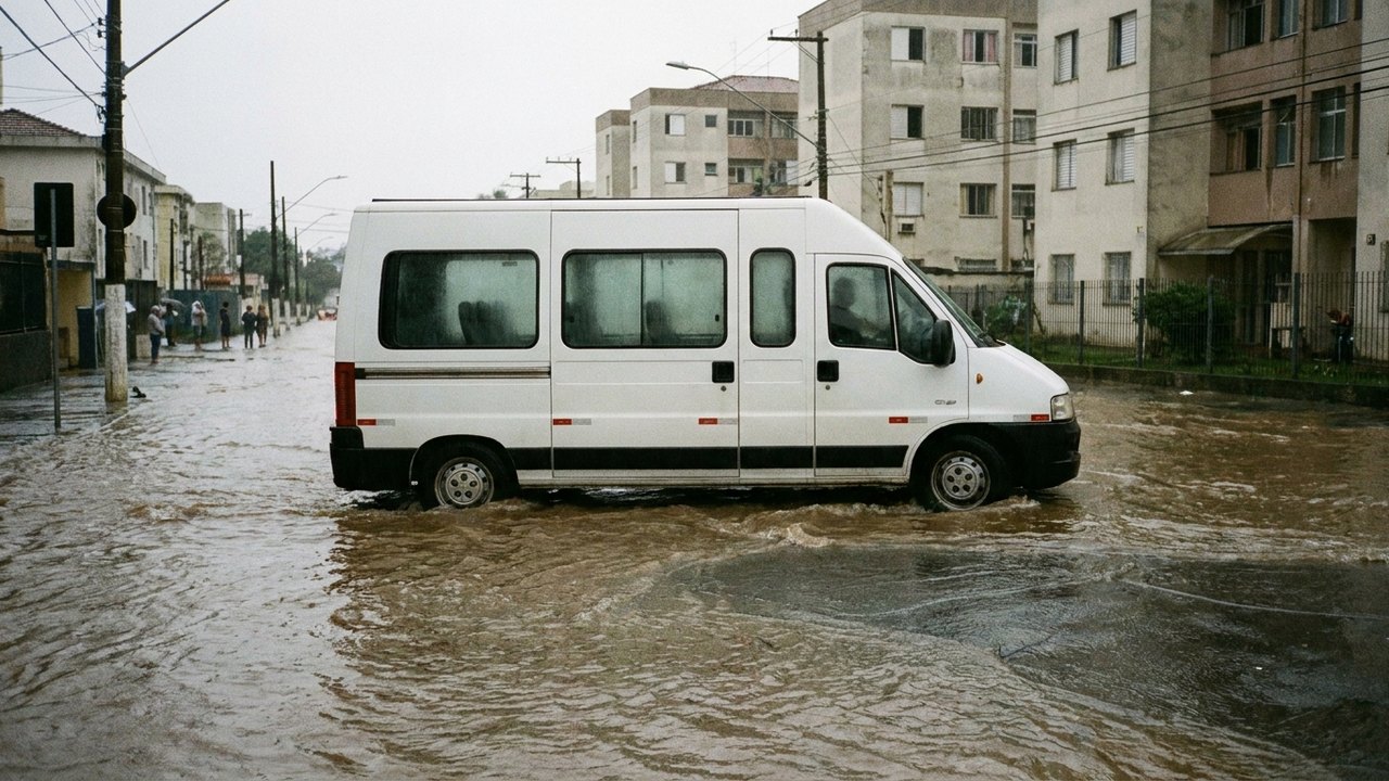 Van escolar com crianças fica ilhada durante temporal em São Paulo