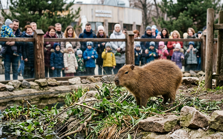 Filhote de capivara vira atração no Zoológico de Moscou