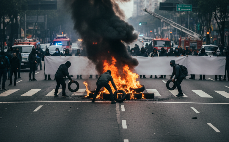 Manifestantes bloqueiam avenida com fogo em pneus durante protesto contra reintegração de posse em São Paulo
