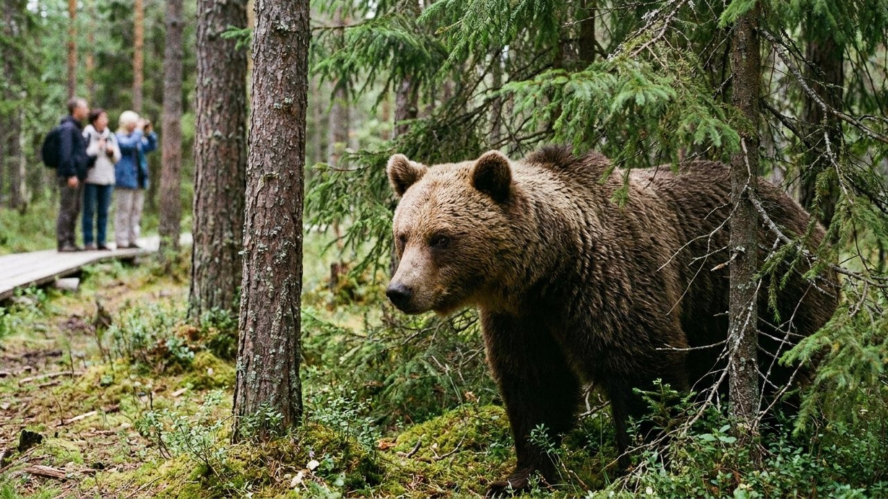 Urso tímido se esconde das câmeras na floresta, perturbado por funcionários de supervisão natural