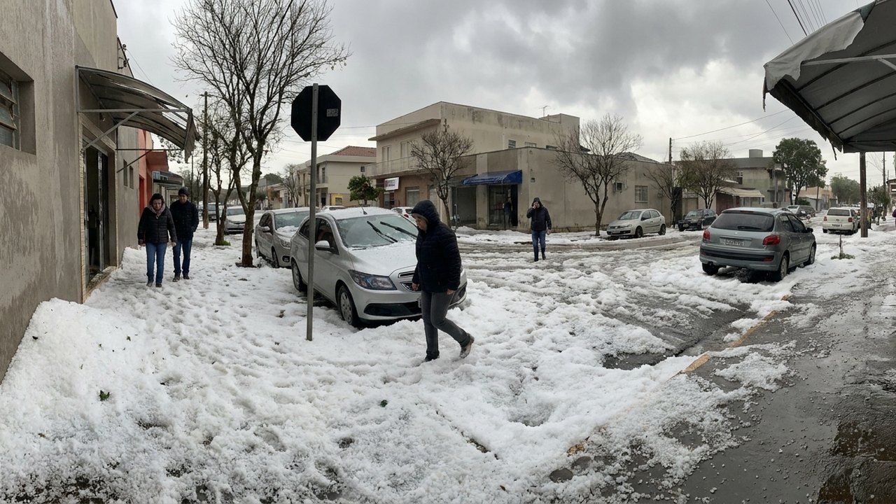 Camada de granizo cobre calçada e chega à altura dos joelhos de mulher no Paraná