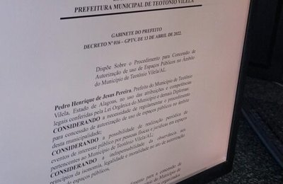 Prefeitura de Teotônio Vilela normatiza uso de espaços públicos na cidade