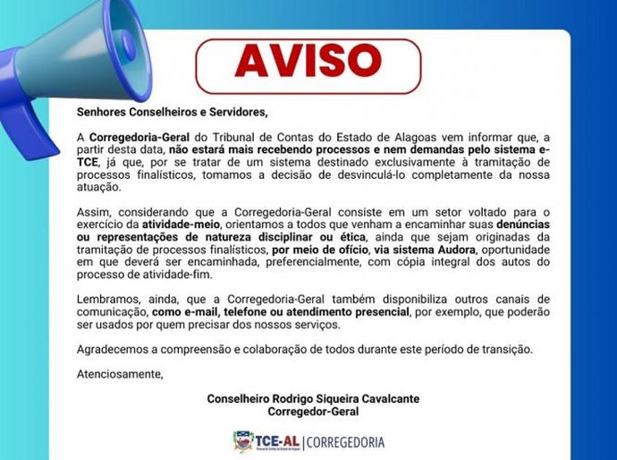 Corregedoria-Geral do TCE/AL informa sobre processos e demandas do sistema e-TCE