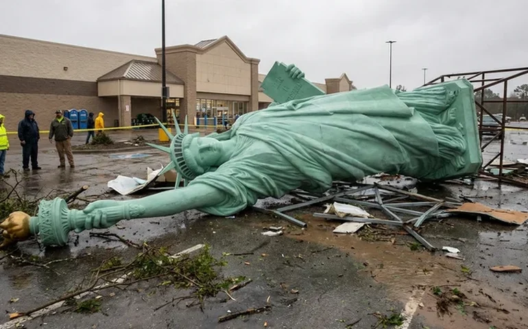 Estátua da Liberdade da Havan desaba durante forte ventania em Guaíba (RS)
