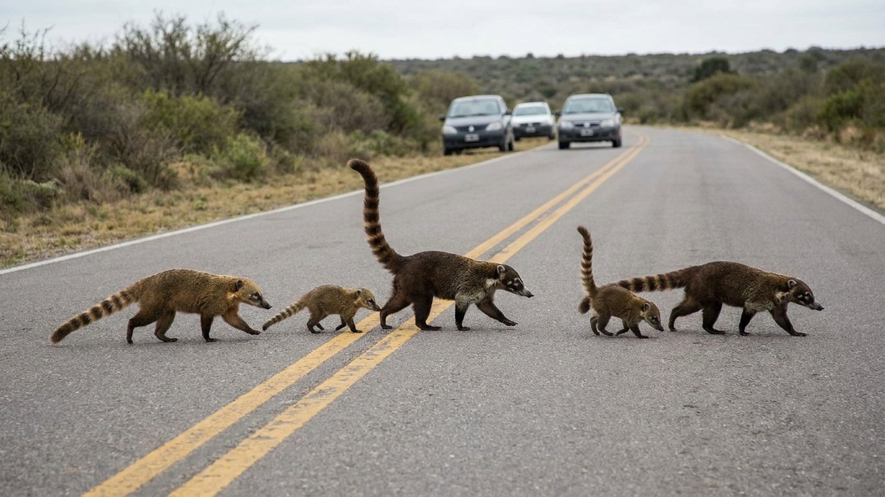 O desfile peculiar de uma família de quatis por uma estrada nos EUA