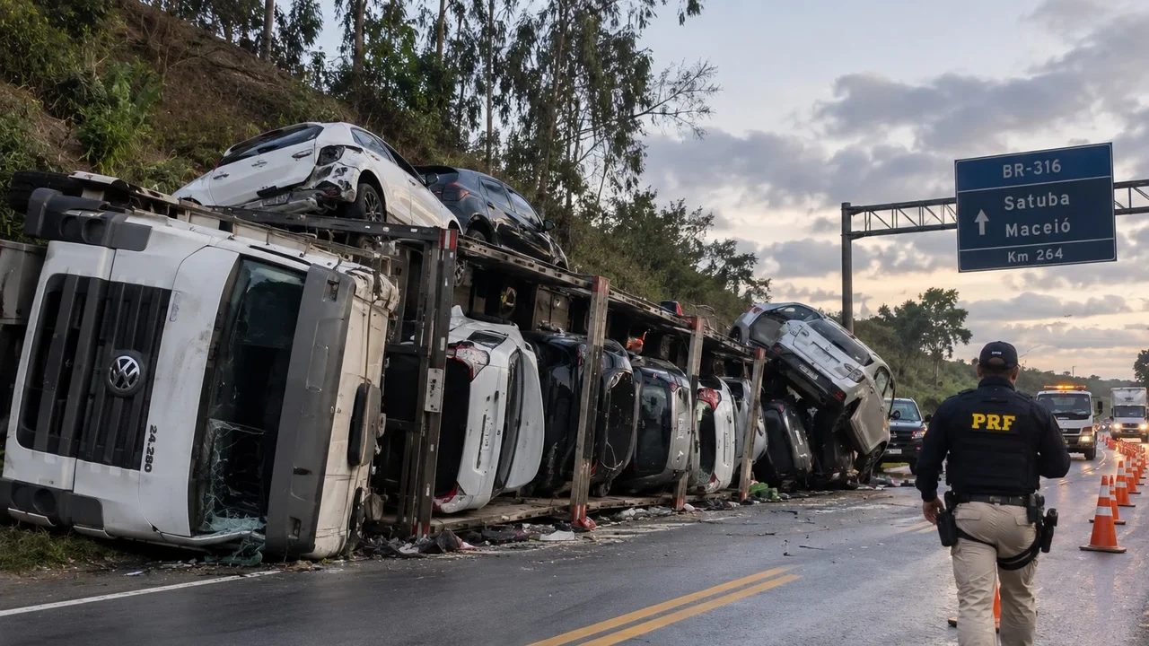 Caminhão-cegonha tomba na BR-316 e deixa 11 carros danificados em Satuba