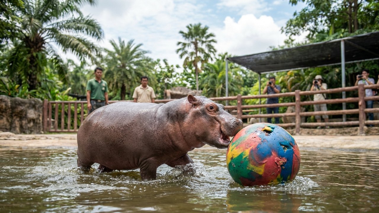 Bebê hipopótamo se diverte durante brincadeira em zoológico na Tailândia