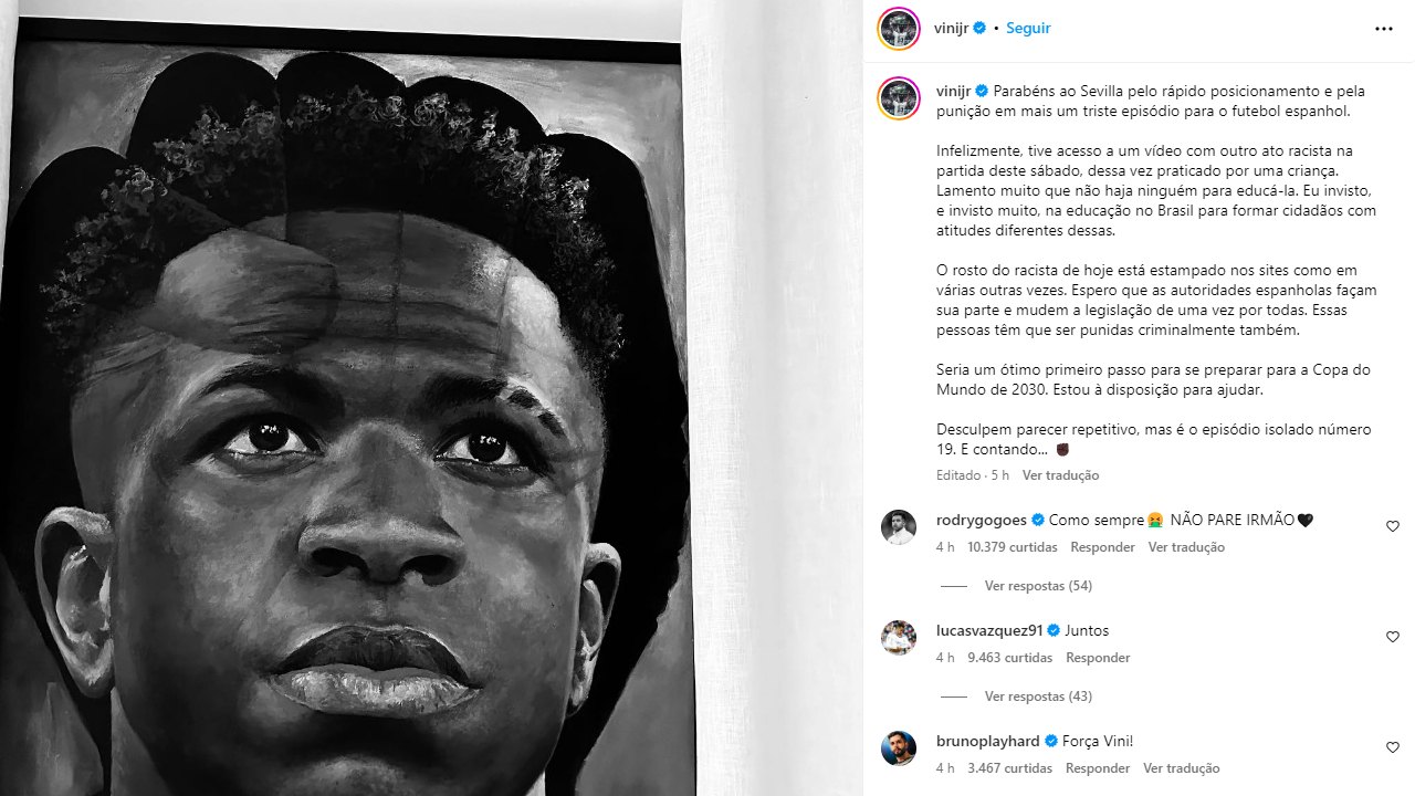 Vinicius Júnior lamenta novos ataques racistas, um deles de criança: 'Episódio isolado número 19'