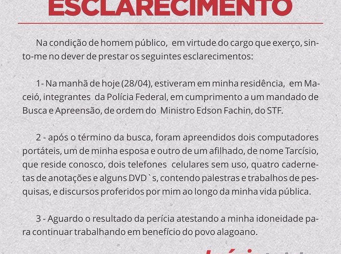 Deputado Inácio Loiola divulga nota sobre operação da Polícia Federal