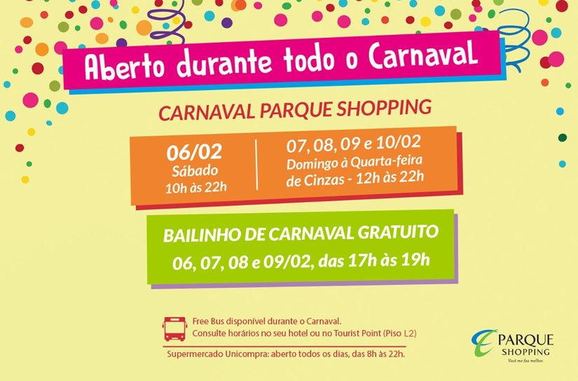 Parque Shopping funcionará normalmente durante o Carnaval