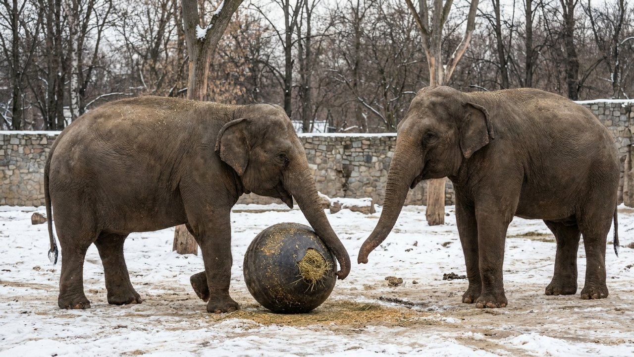 Elefantes brincam com bola recheada de aveia no Zoo de Moscou