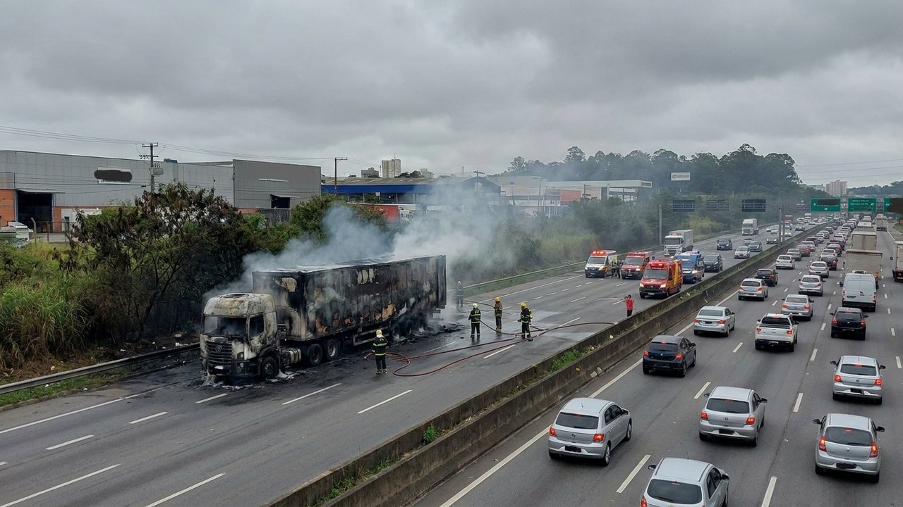 Incêndio em caminhão bloqueia pista expressa da Rodovia Presidente Dutra em Guarulhos