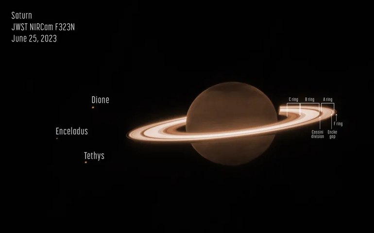Imagem de Saturno com os anéis brilhantes é captada pelo telescópio James Webb, da Nasa