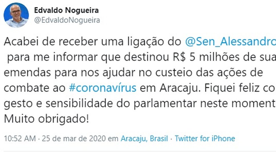 TWITTER EDVALDO / Foto: Reprodução Twitter