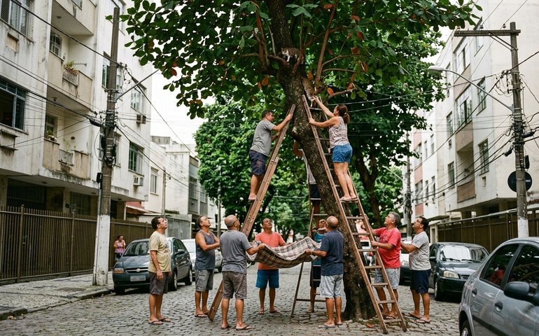 Moradores se mobilizam para resgatar gata presa há dias no alto de amendoeira em Laranjeiras