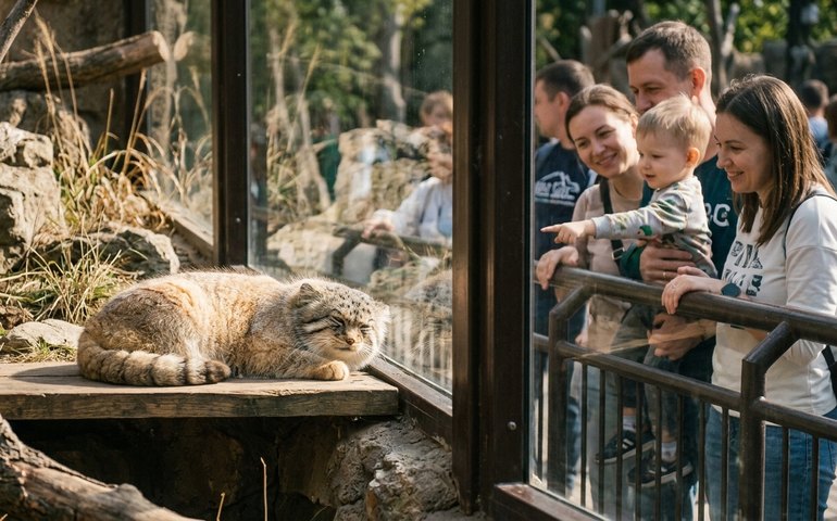 Manul Timofey relaxa ao sol e encanta visitantes do Zoo de Moscou
