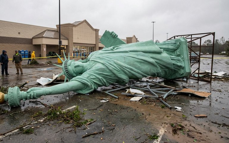Temporal derruba réplica da Estátua da Liberdade em loja da Havan no RS