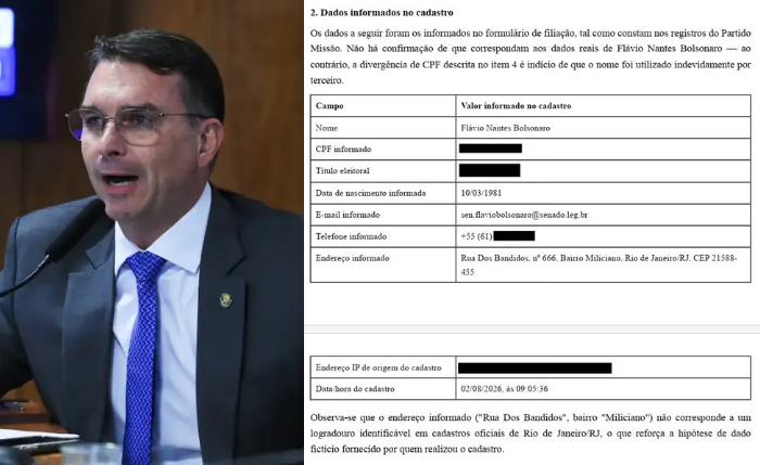 Documento divulgado pelo Missão mostra os dados utilizados no cadastro que vinculou Flávio Bolsonaro ao partido