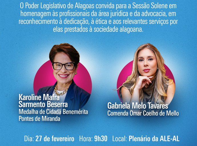 Juristas alagoanas serão homenageadas em sessão solene na ALE