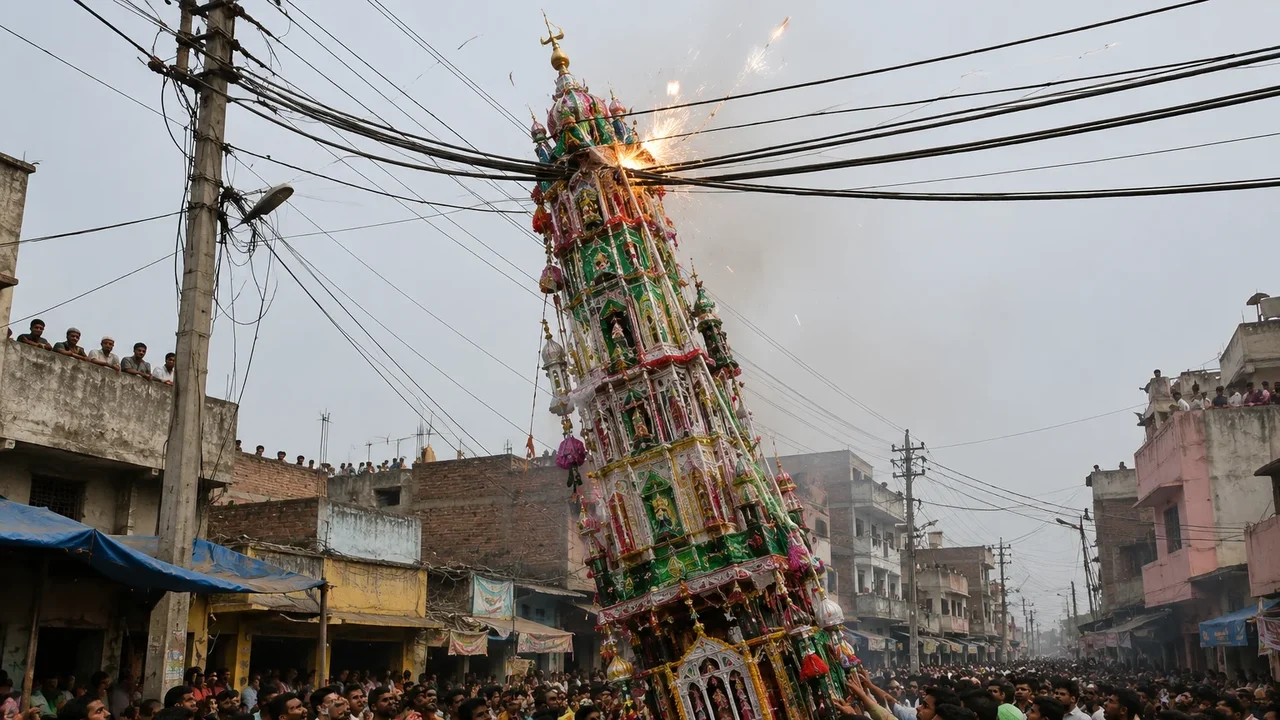 Carruagem-torre toca linha elétrica, e choque deixa 3 mortos em festa na Índia