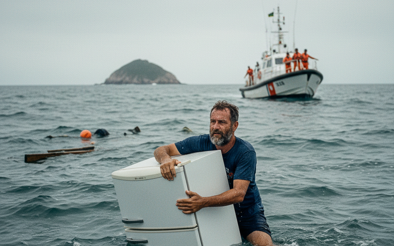 Homem é resgatado agarrado a porta de geladeira após naufrágio em SC