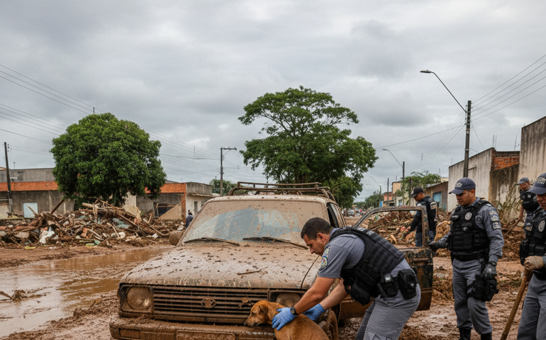 Cachorra paraplégica é resgatada sob veículo após temporal em MG