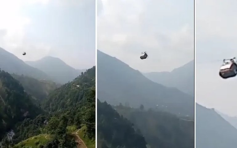 Seis crianças e dois adultos ficam presos a 365 metros de altura após cabo de teleférico se romper no Paquistão 