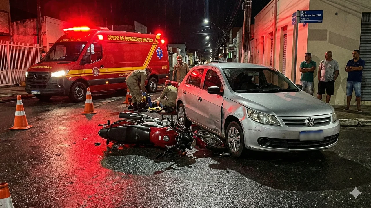 Jovem de 21 anos fica ferido após colisão entre carro e moto na Rua João Aureliano, em Arapiraca