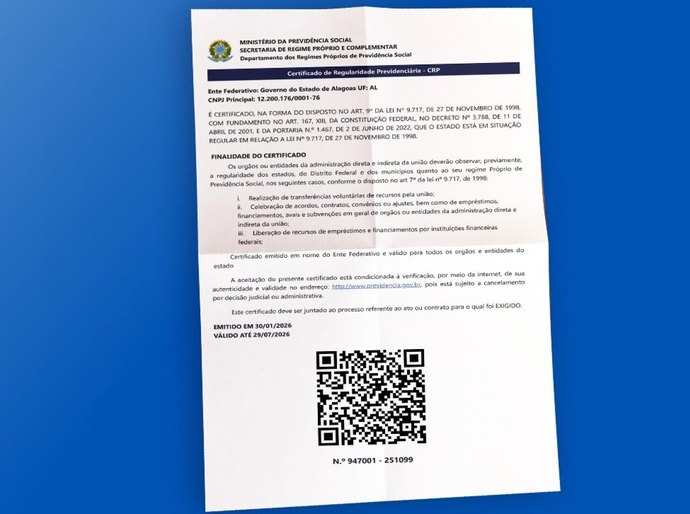 Governo Federal renova Certificado de Regularidade Previdenciária da Alagoas Previdência
