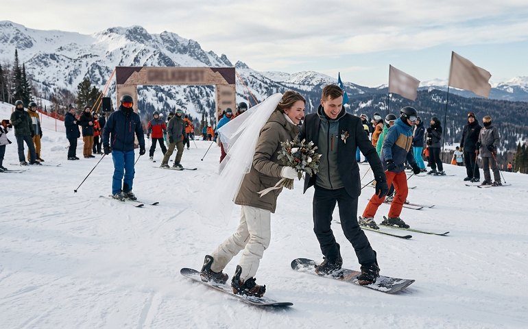 Casal celebra casamento descendo encosta nevada durante o GrelkaFest na Rússia