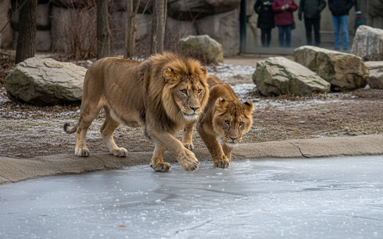 Leões se surpreendem ao encontrar lago congelado em zoológico de Londres