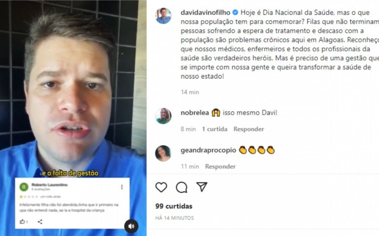 No Dia Nacional da Saúde, Davi elogia profissionais e denuncia “maquiagem de Renan Filho”