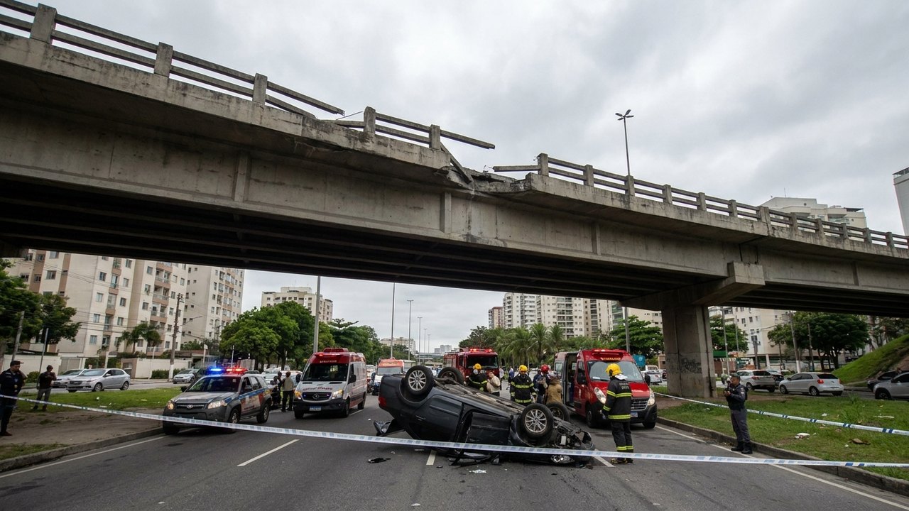 Carro cai de viaduto na Barra da Tijuca; vítimas são socorridas para o Hospital Lourenço Jorge