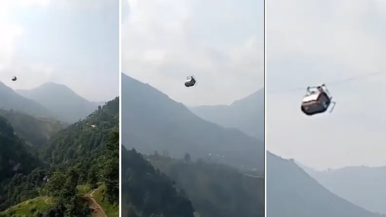 Seis crianças e dois adultos ficam presos a 365 metros de altura após cabo de teleférico se romper no Paquistão 