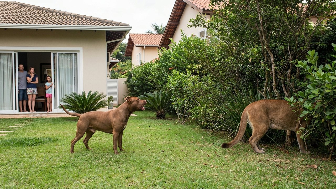 Pitbull enfrenta onça-parda para proteger família em condomínio de SP