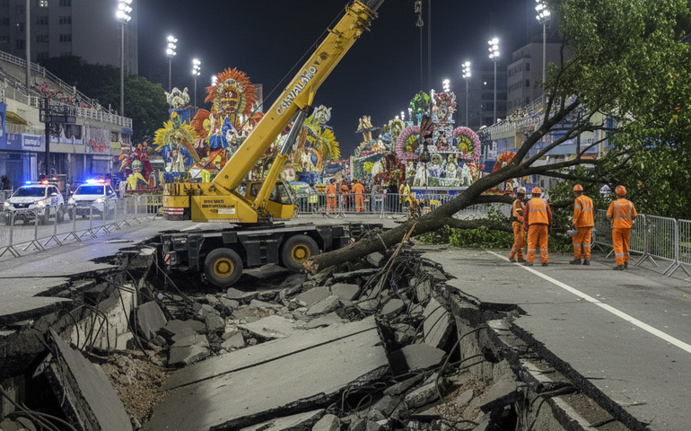 Pista de manobra de carros alegóricos afunda na Presidente Vargas e prefeitura retira árvores