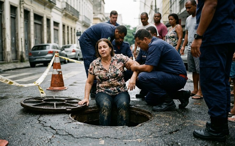 Mulher cai em bueiro após tampa ser deixada solta no Rio de Janeiro