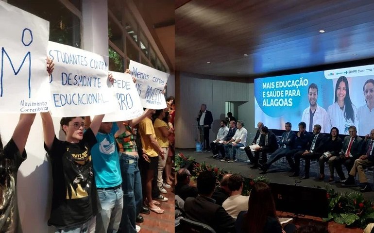 Estudantes da UFAL protestam durante visita do ministro Camilo Santana em Maceió e cobram mais investimentos na educação pública