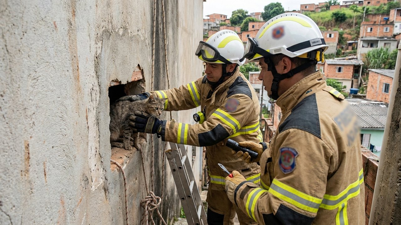 Bombeiros resgatam gato preso entre paredes em MG