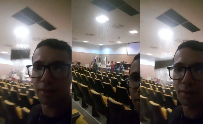 vídeo capturou o momento exato em que o teto do auditório do DETRAN desaba