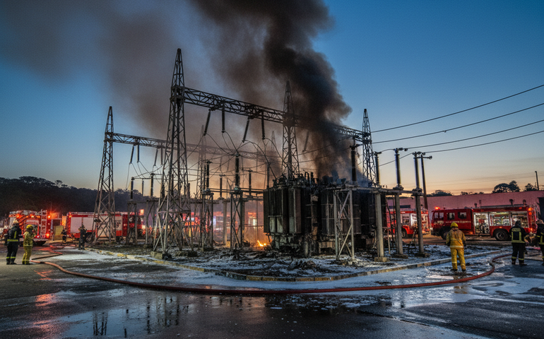 Subestação de energia pega fogo durante a madrugada em SP
